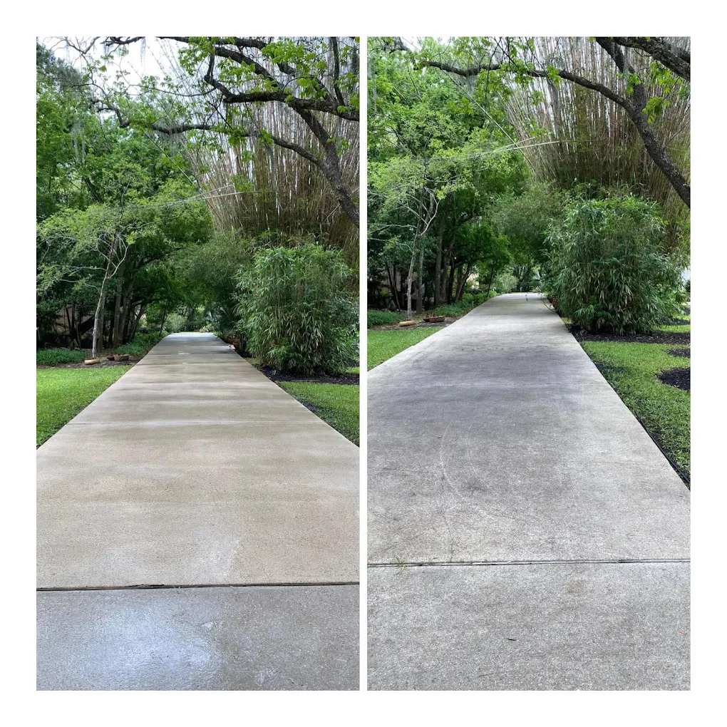 Long residential driveway before and after cleaning — Houston TX