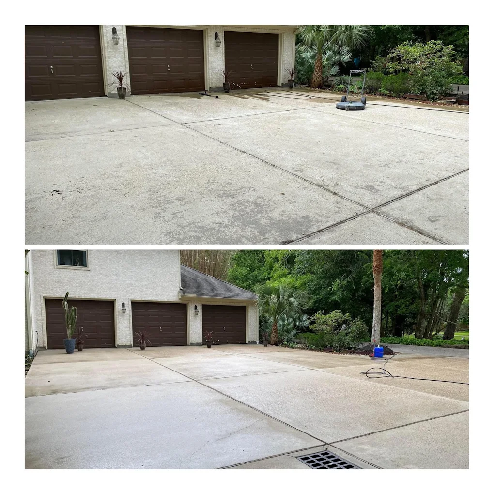 Three-car garage driveway before and after concrete cleaning — Houston TX