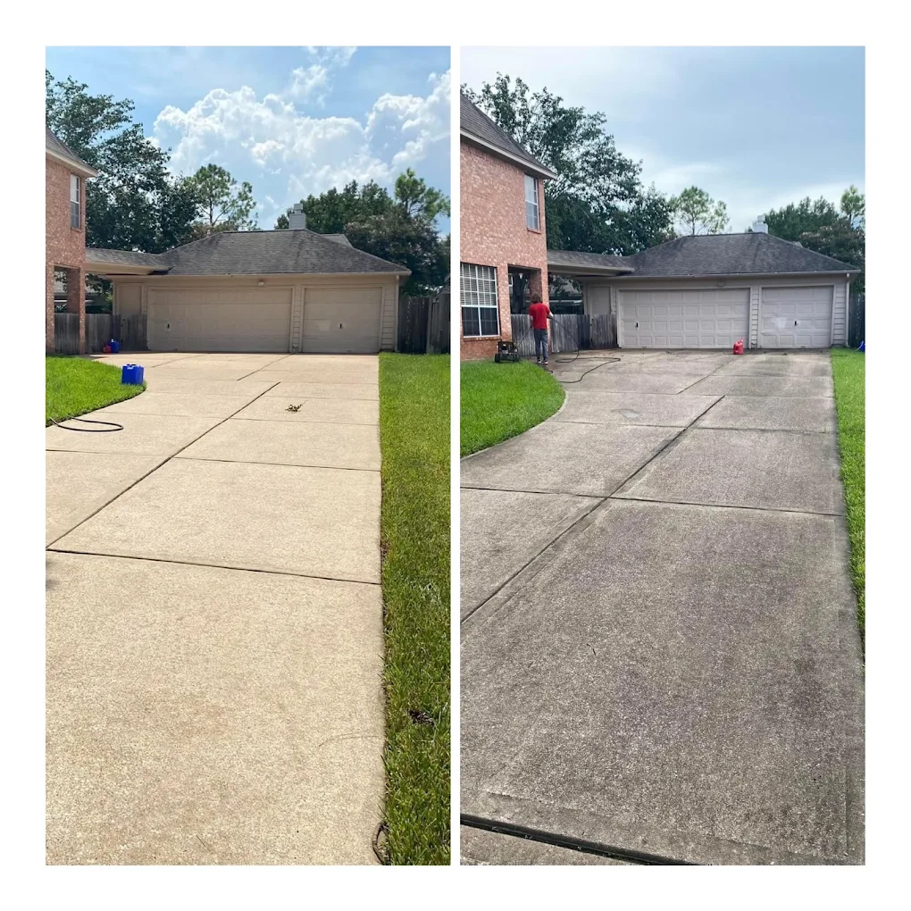 Residential front driveway before and after cleaning — Houston TX
