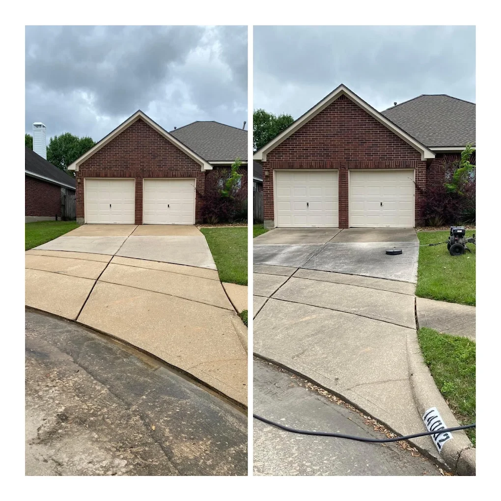 Brick home driveway before and after concrete cleaning — Houston TX