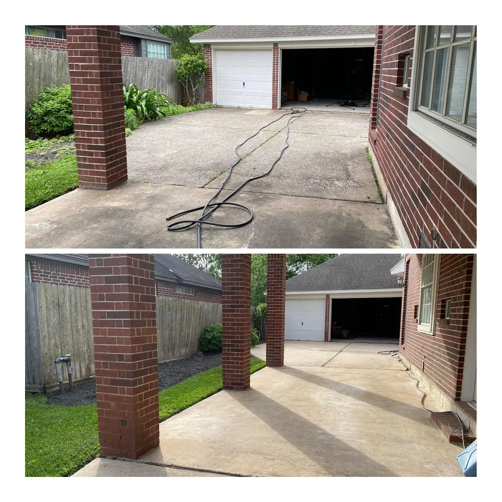Pillared entry and concrete pad before and after cleaning — Houston TX