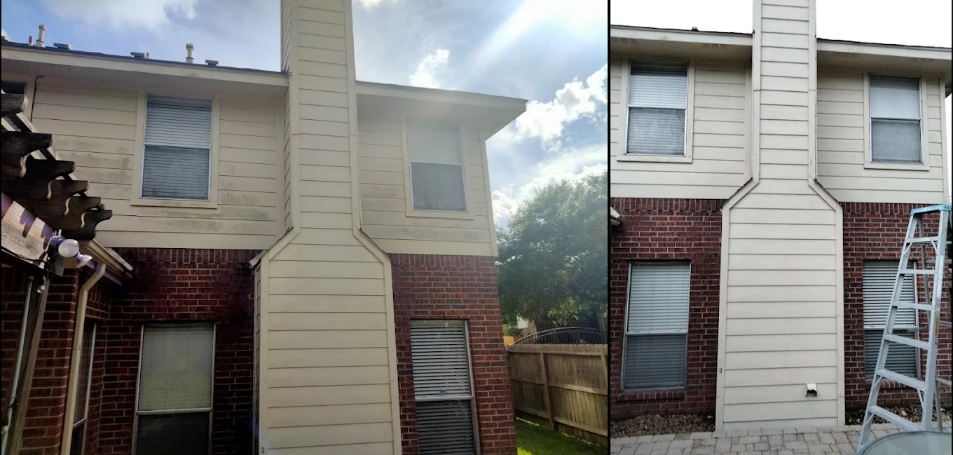 House softwash before and after — two-story brick and vinyl siding, Houston TX