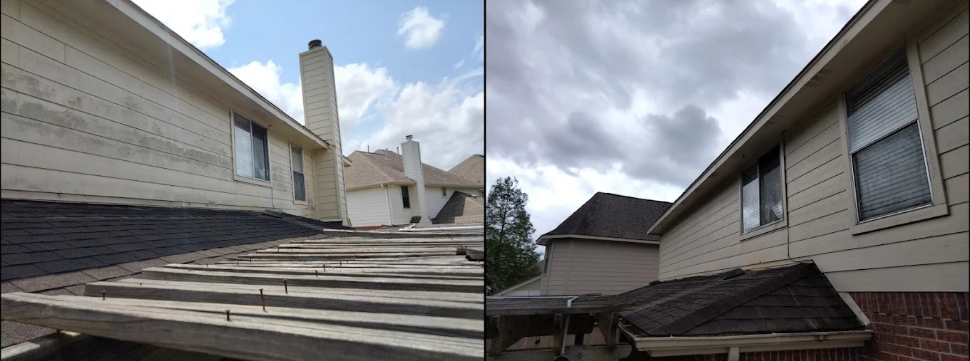 Upper siding and roofline after house softwash — Houston TX